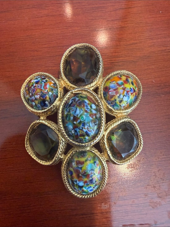 Jewelry - Vintage Brooch Millefiori and Olive Green Glass Cluster